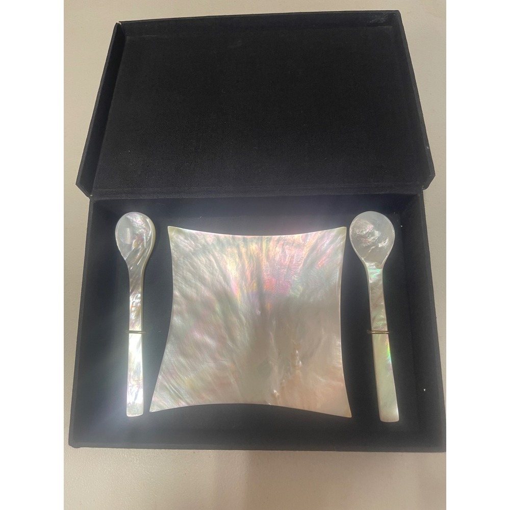 Mother of Pearl 3pc Boxed Caviar Set Iridescent  Two Spoons One Square Dish NIB